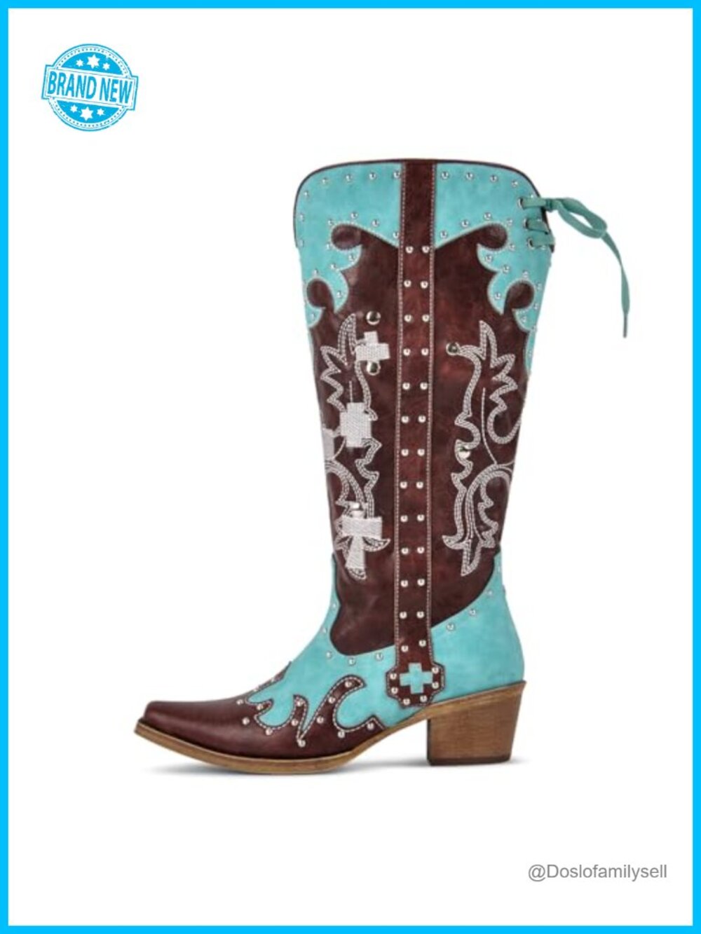 Faux Leather Knee High Western Cowgirl Boots Studded Lace Up Pointed Toe Low